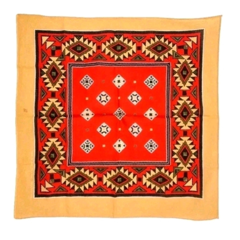 VTG NEW Crisp Aztec Native Scarf Handkerchief/Bandana/ Red/White/Mustard 21"x21"